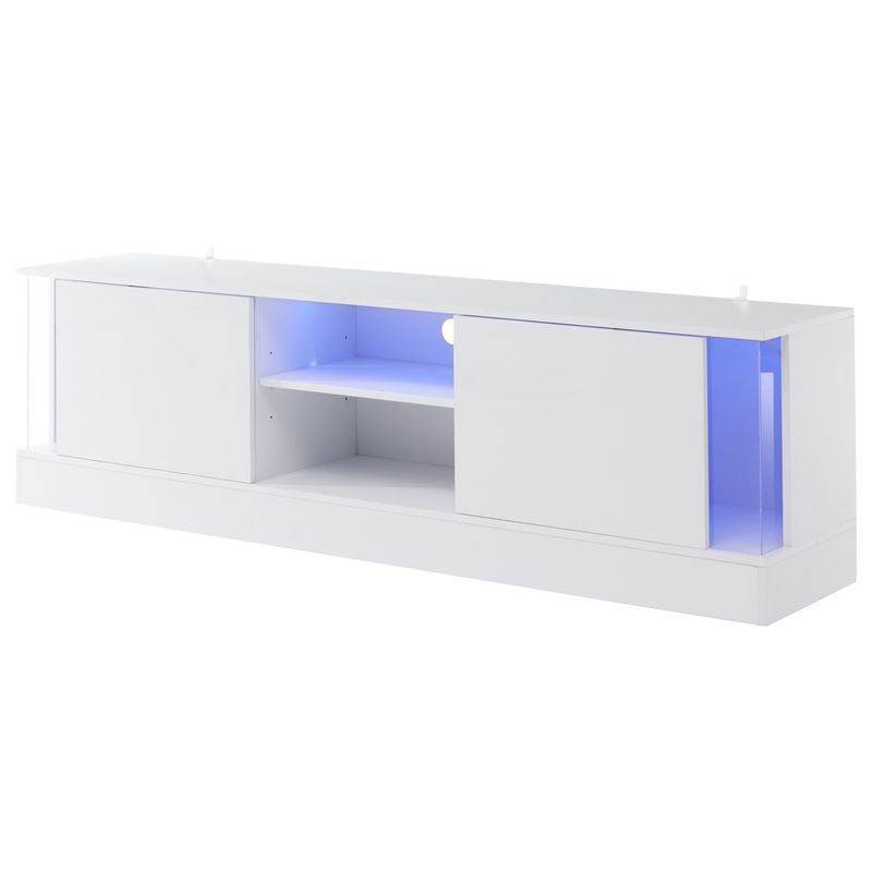 Meuble TV blanc brillant pour téléviseurs jusqu'à 70 pouces, console multimédia sur pied avec éclairage LED, centre de divertissement pour salon_voghion.com