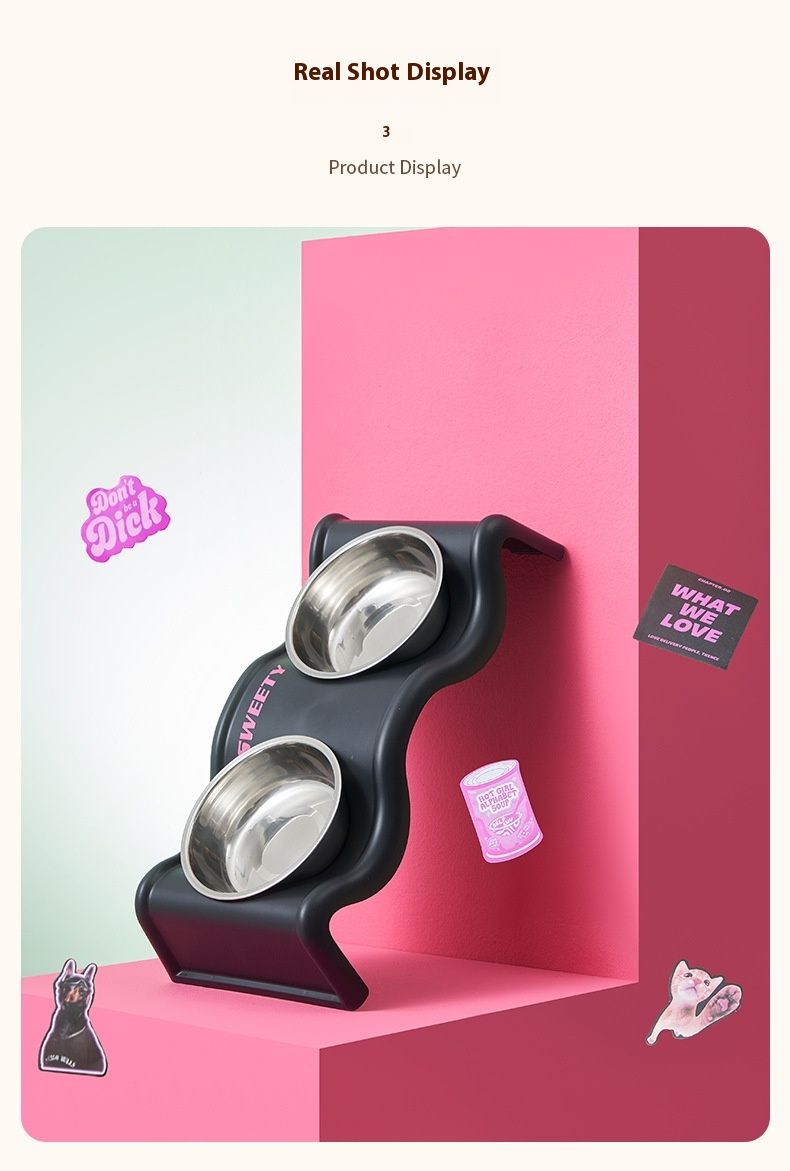 Meow Dobbeltbølge Creme Halsbeskyttelse Kat Rustfrit Stål Skridsikkert og Anti-Banke Kæledyr Stor Kapacitet Hundeskål_voghion.com