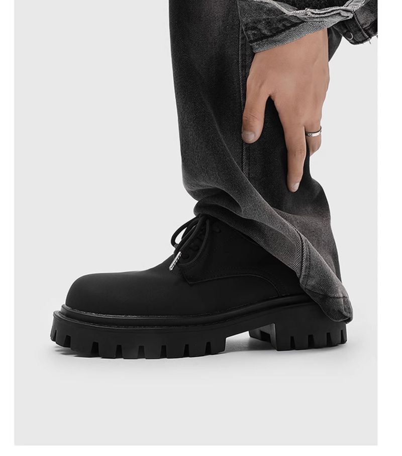 Derby Men's Thick Bottom 5cm Lace-up Round Matte Frosted Small Leather Cleanfit Increased By Big Head Shoes_voghion.com