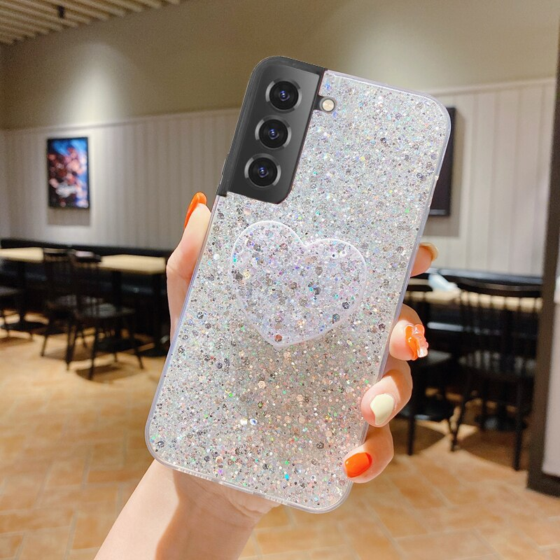 Glänzend Glitter Häerz Love Telefon Holder Case Fir Samsung Galaxy S22 S21 S20 Ultra Plus FE Gold Sëlwer Folie Soft Silikon C_voghion.com