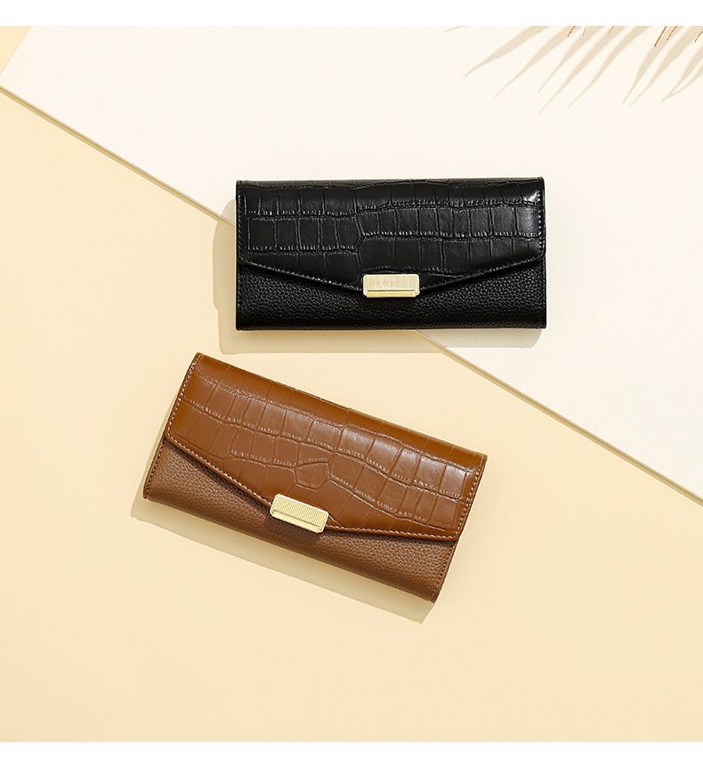 Carteira longa feminina, carteira clutch grande com três dobras de couro sintético de alta qualidade, com 10 compartimentos para cartões e várias cores disponíveis_voghion.com