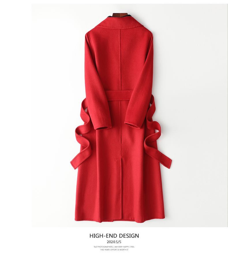 Abrigo de mezcla de lana ajustado para mujer: gabardina de invierno de largo medio con detalle de cordones (negro, blanco, rojo y verde)_voghion.com