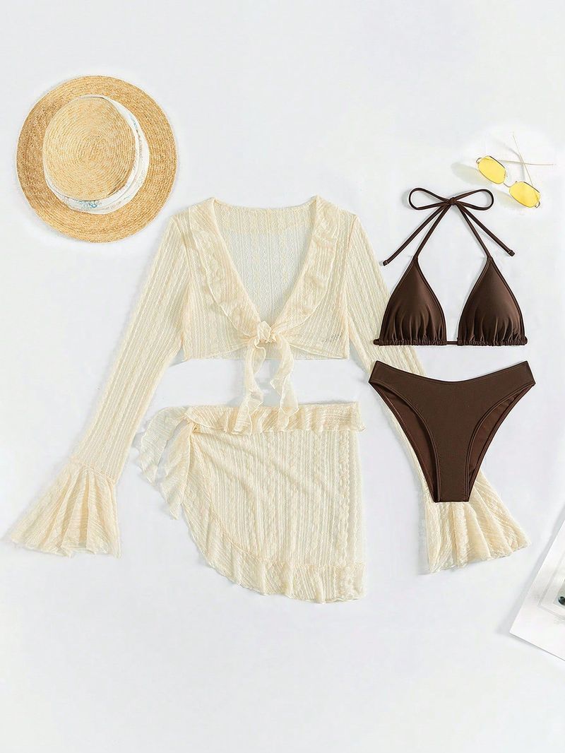 Costume da bagno da spiaggia, bikini, copricostume a maniche lunghe in rete da donna, set da quattro pezzi da donna_voghion.com