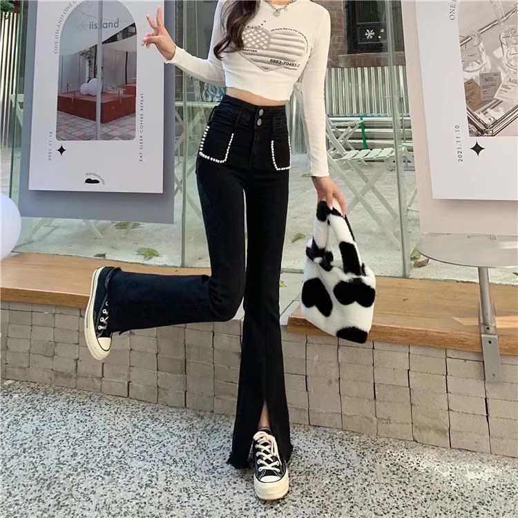 Schlaghose für Damen, mit hoher Taille im Hong Kong-Stil und schlankmachendem Effekt. Schicke Slim Fit-Jeans für Damen 2022 mit Doppelknopf_voghion.com