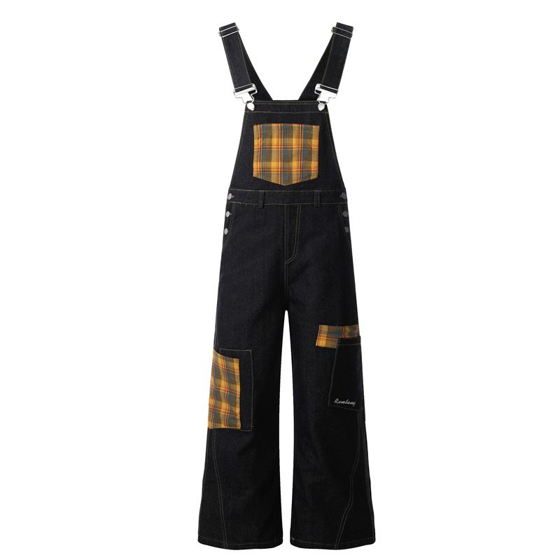 Men's Clothing Retro Niche Design Plaid Stitching Scimitar Jeans Men's And Women's Overalls Wide Leg Mopping Pants_voghion.com
