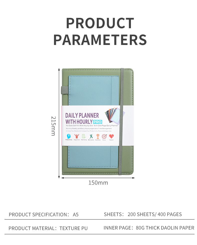 Undated Daily Planner Notebook With Elastic Band & Stickers – PU Leather Cover, 200 Sheets Of 80G High-Quality Paper_voghion.com