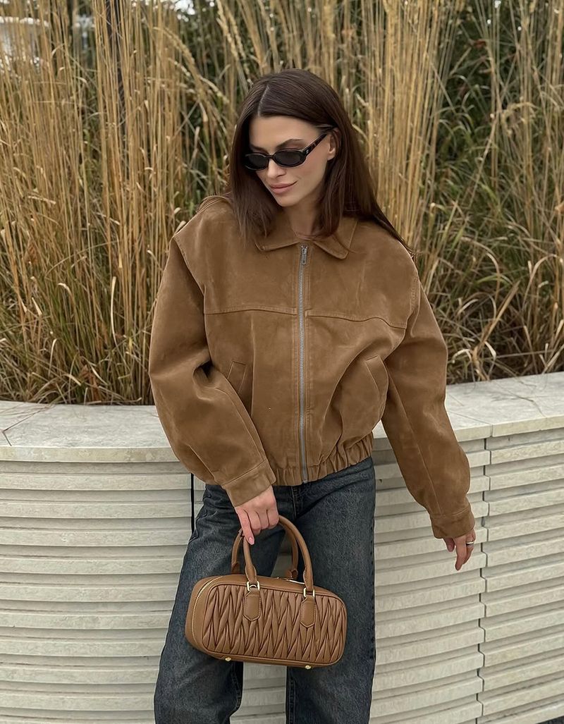 Veste en daim style français pour femme, couleur kaki, col rabattu, vêtements pour femmes, nouvelle collection hiver 2025_voghion.com