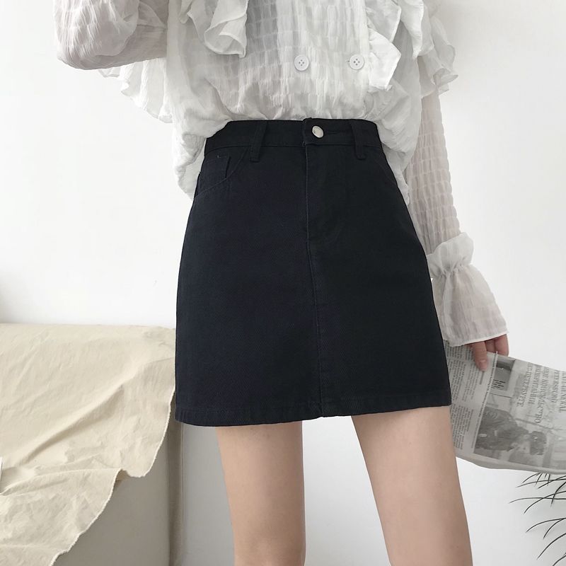 INS Black Half 2024 New Spring/Summer Korean Version Versatile High Waist A-line Wrapped Hip Denim Short Skirt for Women_voghion.com