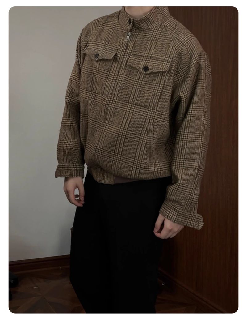 Klassische karierte Harrington-Jacke für Herren – Wollmischung, bequeme Passform, Stehkragen, Reißverschluss vorne, lange Ärmel, lässige Oberbekleidung für Herbst und Frühling_voghion.com