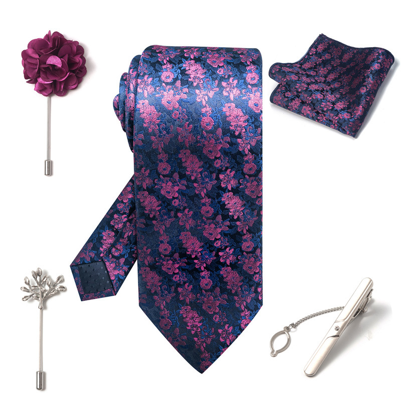Set da uomo alla moda in tinta unita a righe con anacardi, confezione regalo da 6 pezzi, set con corsetto con fermacravatta e sciarpa quadrata_voghion.com