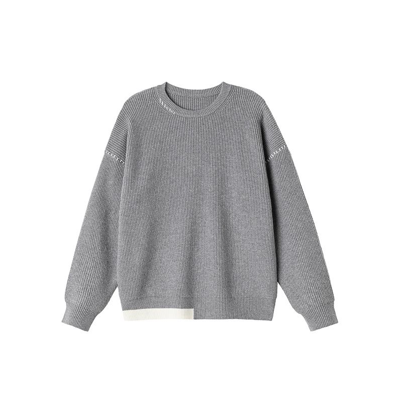 Grau High-End-Pullover für Männer Neue Herbst Winter Patchwork Warm Lose Rundhals Pullover Strickwaren_voghion.com