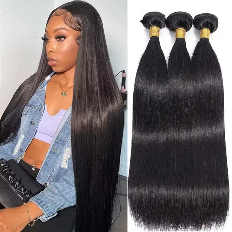 Brazilian Human Hair Straight Bundles 28-32 Inches Long Natural Black Color Weave Deal 1/3/4 PCS_voghion.com