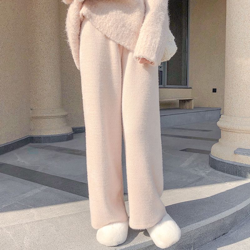 Pantalon évasé en tricot crème pour femme - Pantalon d'hiver taille haute, jambe large et doublé polaire, pour un usage décontracté et professionnel._voghion.com