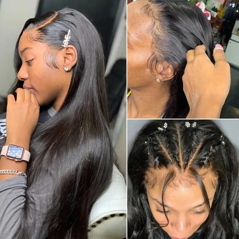 Peluca recta precortada sin pegamento, 100 % cabello humano, pelucas frontales de encaje HD para mujeres_voghion.com