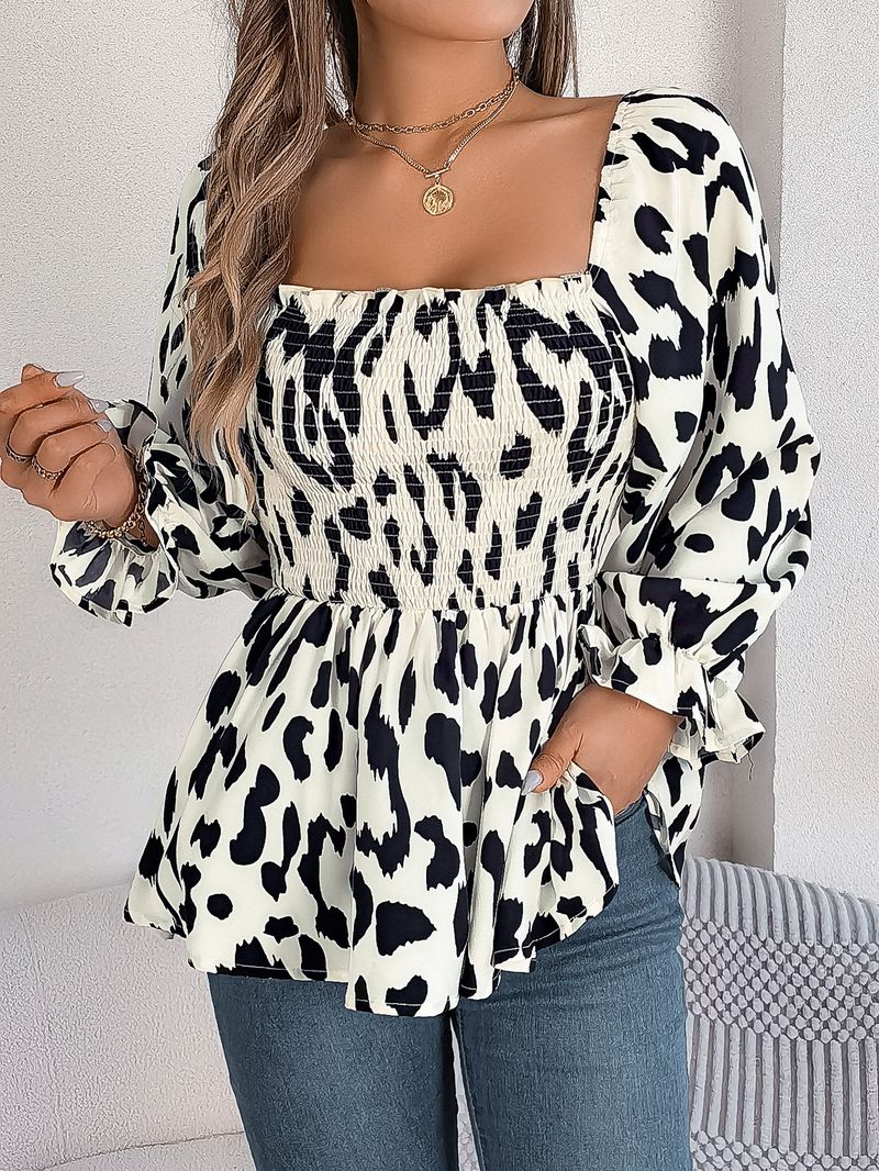 Chemisier en mousseline à manches longues pour femme avec imprimé léopard et encolure festonnée - Manches cloche fluides, taille portefeuille, tissu extensible doux pour un look décontracté_voghion.com