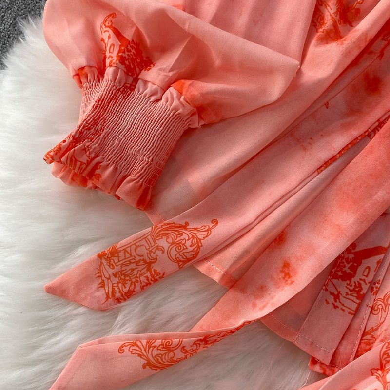 Damenbekleidung Bedrucktes Temperament Stehkragen Laternenärmelhemd Damen Sommer Taillenformendes Oberteil Rock Zweiteiliges Set_voghion.com