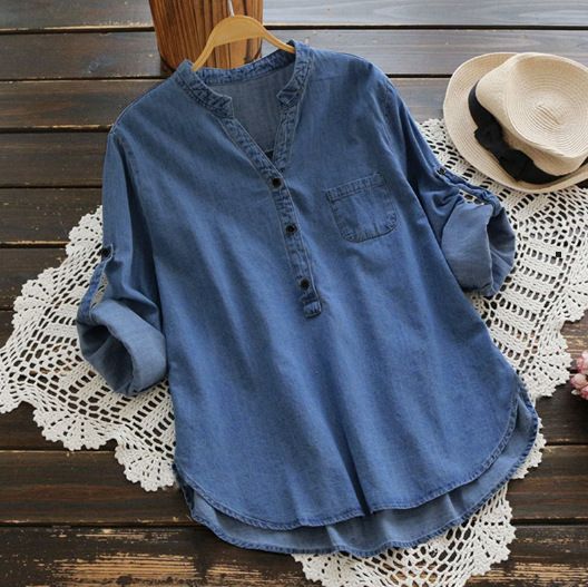 Camisa de mujer de manga larga irregular con cuello alto pequeño de mezclilla lavada_voghion.com