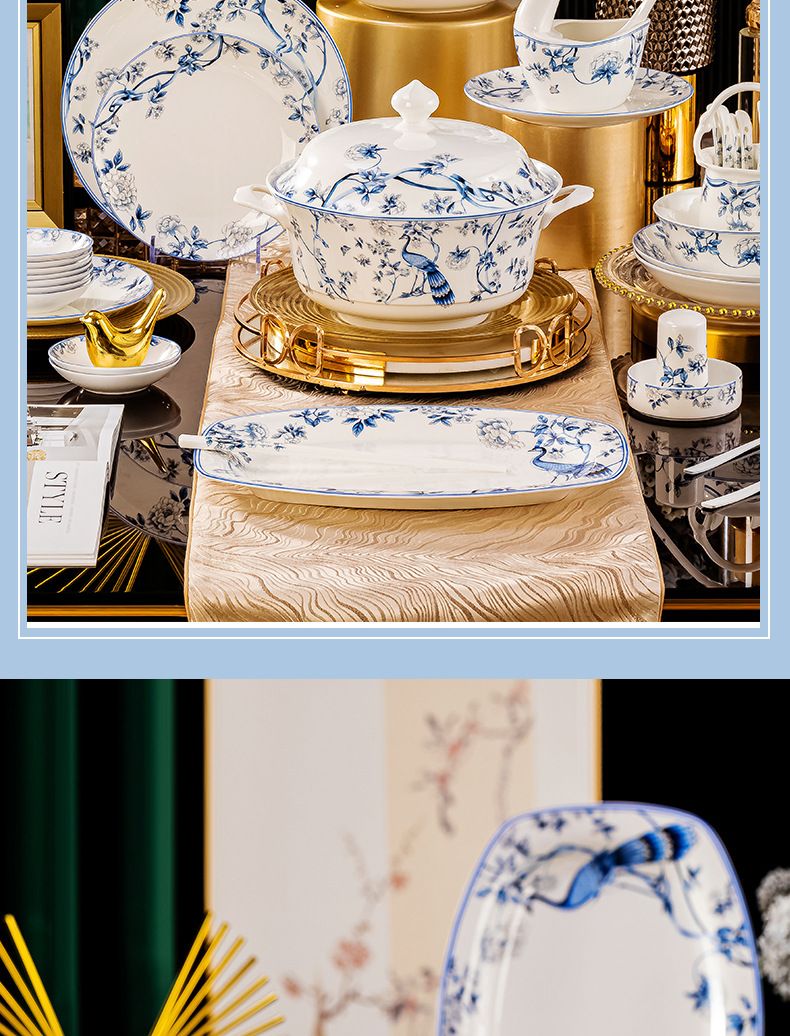 Service de table en porcelaine Blue Peacock – Vaisselle chinoise peinte à la main, 56 pièces, compatible micro-ondes et lave-vaisselle, cadeau élégant_voghion.com