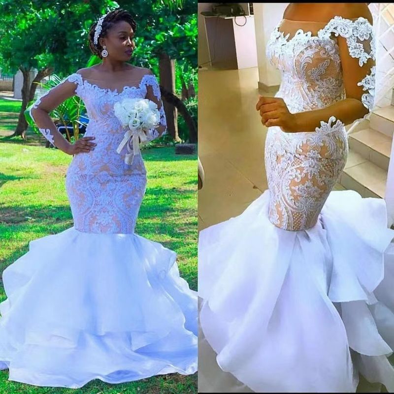 Abito da sposa da donna, sirena, sottile, in pizzo bianco, colore della pelle, con laccetti in rete, manica lunga, abito da sposa, pezzo unico, consegna_voghion.com