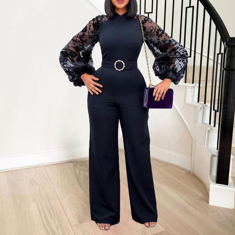 Women's Clothing Free Belt Stand Collar Mesh Lantern Sleeves Slim Large Size Women's African Wide Leg Jumpsuits_voghion.com