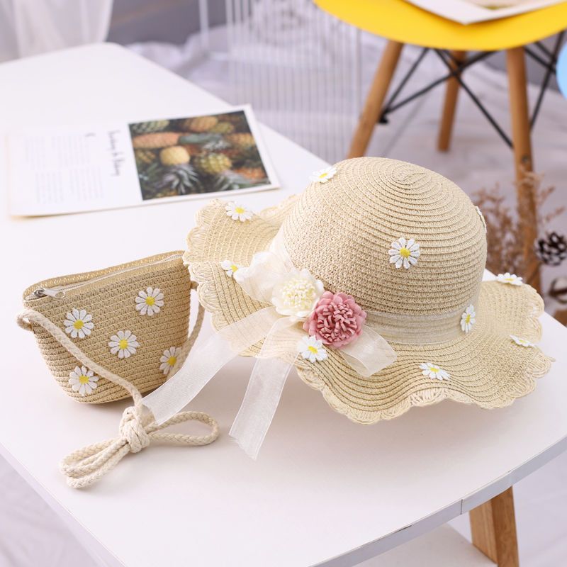 Vendita calda ragazze cappello di paglia per bambini estate spiaggia cappelli pieghevoli set carino berretto floscio misura regolabile con cinturino sotto il mento per 5-10 anni_voghion.com