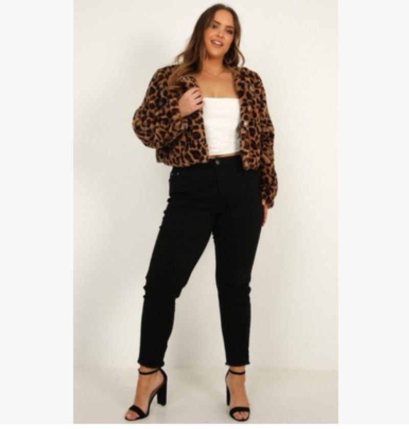 Damen Herbst Leopardenmuster Langarm Kurzer Cardigan Top Plüschjacke mit verstecktem Knopf_voghion.com