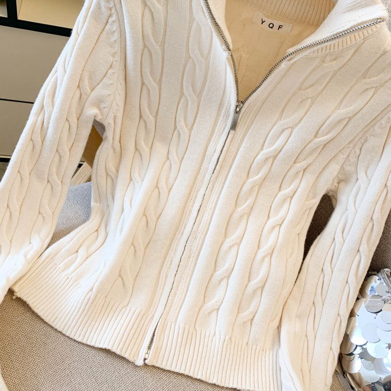 Cardigan in maglia con cerniera frontale – Maglione corto con collo alto (beige/grigio/blu/nero) | Un capo essenziale per uno stile moderno e disinvolto_voghion.com