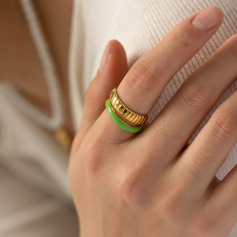 Modische Internet-Berühmtheit INS Edelstahl grün Tropf Öl Doppelschicht Brot Muster offenen Ring Schmuck_voghion.com