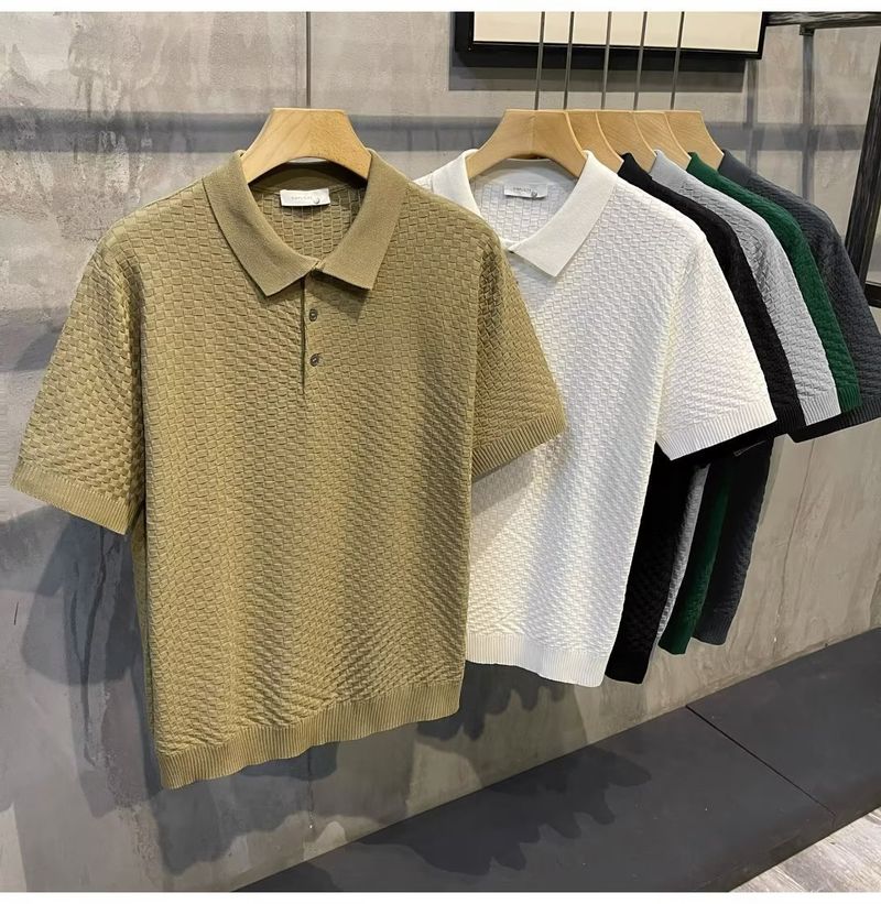 Herrenbekleidung Sommer New Ins Revers Kurzarm Poloshirt Herren Leichtes Luxus All Match Einfarbiges Kariertes Textur T-Shirt_voghion.com
