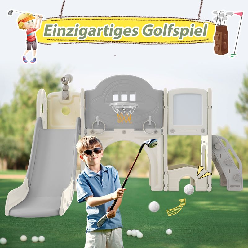 Toboggan d'escalade 10 en 1 pour enfants, toboggan autoportant multifonctionnel avec mur d'escalade, espace de rangement, tunnel de jeu, panier de basket, jeu de lasso, tableau noir, jeu de golf et télescope pour jeux intérieurs et extérieurs_voghion.com