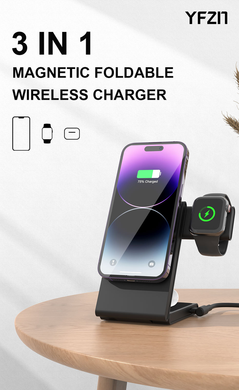 QIKC FCC certified three-in-one magnetic wireless charger folding desktop 15W all-in-one wireless charger_voghion.com