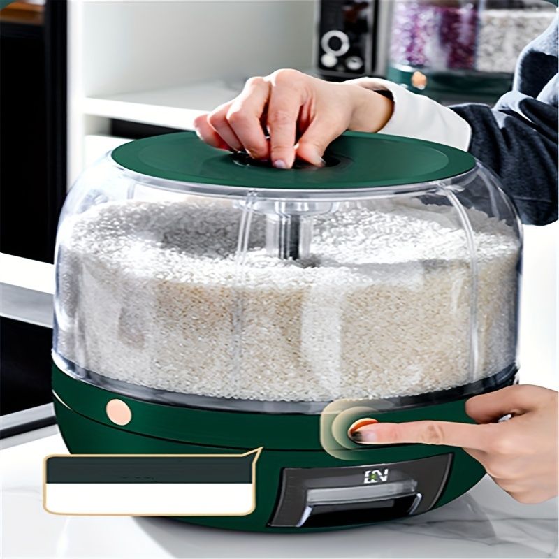 1pc 360-degree Rotating Grain Storage Box With 6 Compartments And Measuring Cup, Automatically Dispenses Rice With Press Button_voghion.com