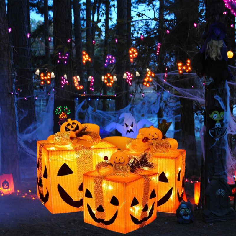 Set di luci a forma di zucca di Halloween - Decorazione artigianale in ferro a LED con volti spettrali e classici motivi a forma di zucca per decorazioni per feste, casa e esterni_voghion.com