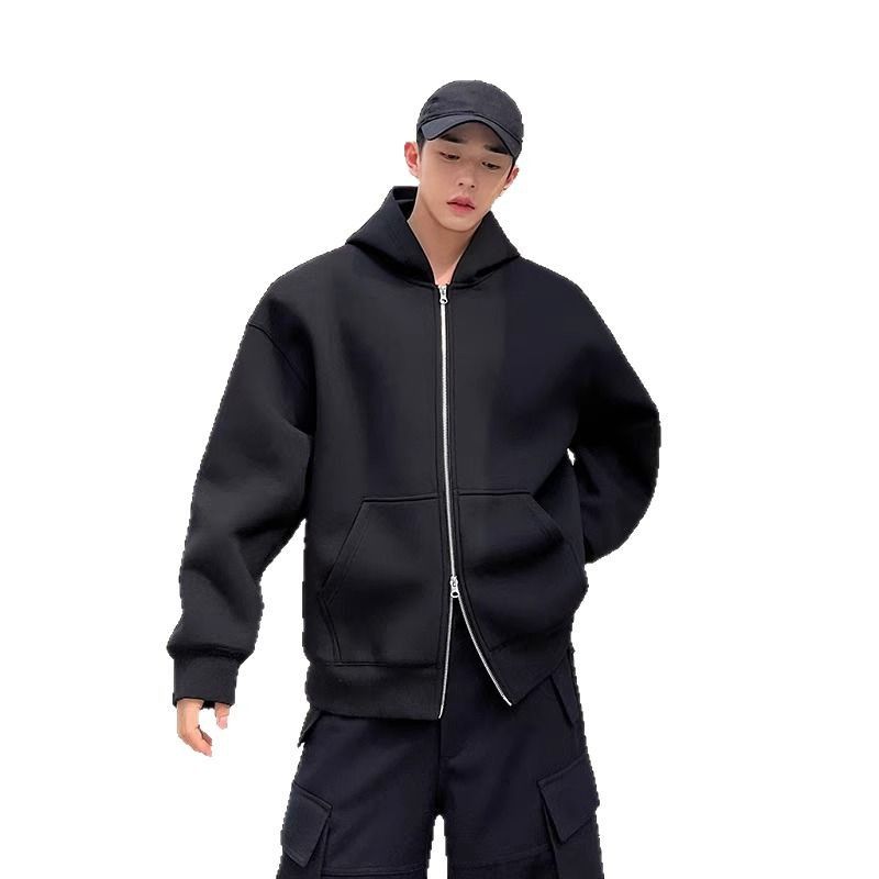 Cardigan hoodie men's double zipper autumn and winter hooded sweatshirt zipper jacket trendy hoodie jacket_voghion.com