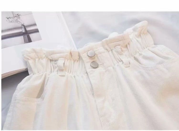 Abbigliamento da donna, vita alta, taglie forti, pantaloncini in denim elasticizzati, larghi, aderenti, con orlo arricciato, linea ad A, gamba larga_voghion.com