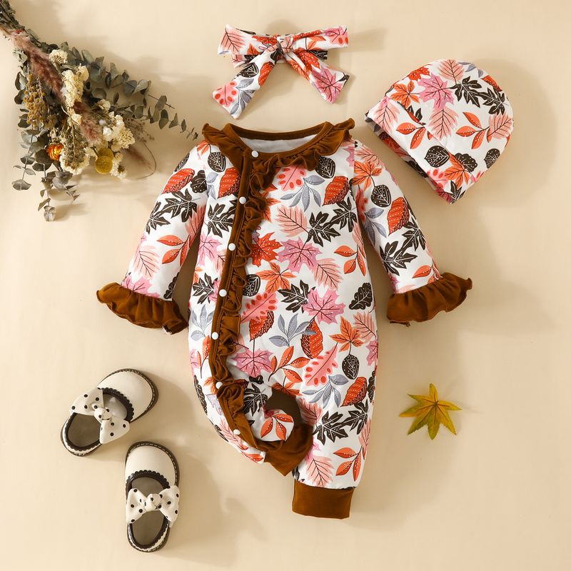 Mutter & Kinder Baby blume trompetenärmel lange bein romper neugeborenen hut kopftuch spitze overall lässig baby strampler_voghion.com