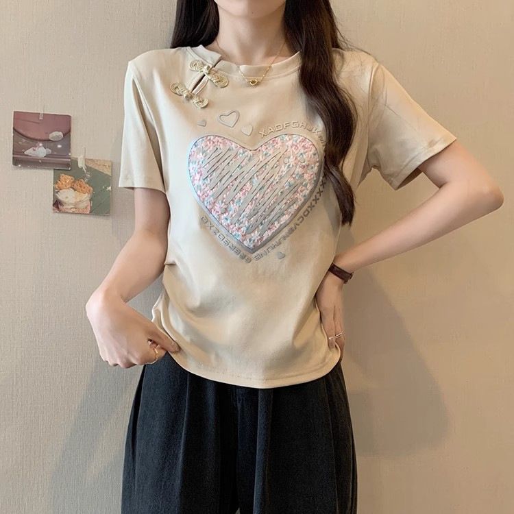 Maglietta a maniche corte stampata in stile cinese con fibbia a piastra per donna 2024 nuova maglietta interna bianca estiva, top snellente_voghion.com