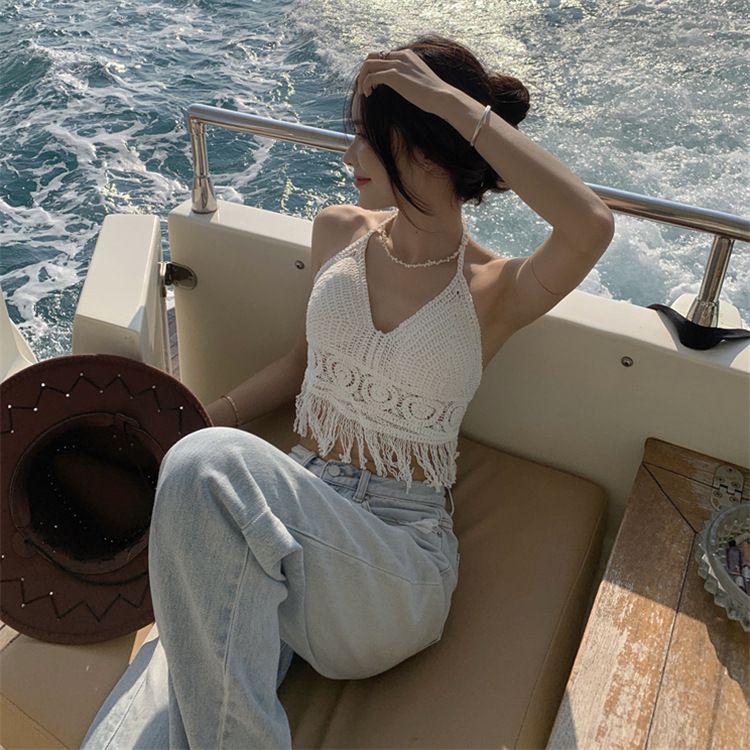 Halter neck small vest sling inner wear with exposed shoulder straps and chest pads backless hollow tube top embroidered vest women's summer short top_voghion.com
