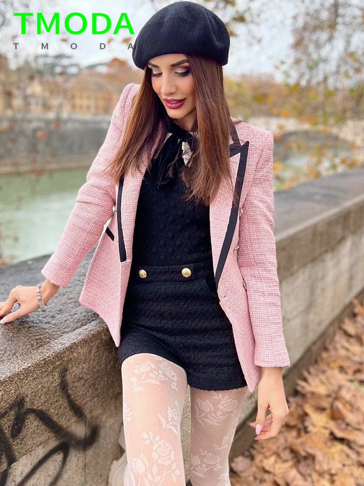 T MODA Dámské elegantní růžové texturované dvouřadé tvídové sako s dlouhým rukávem a kapsami, kabáty, dámská móda, streetwear topy_voghion.com