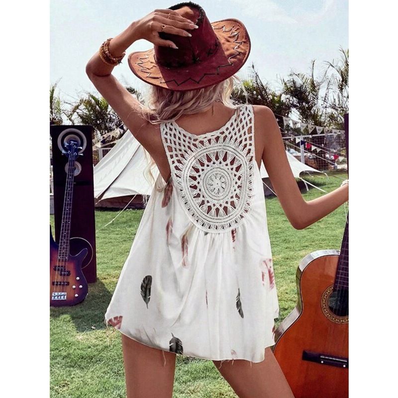 Camiseta sin mangas holgada con escote en V y encaje en la espalda para mujer, novedad de verano 2025_voghion.com