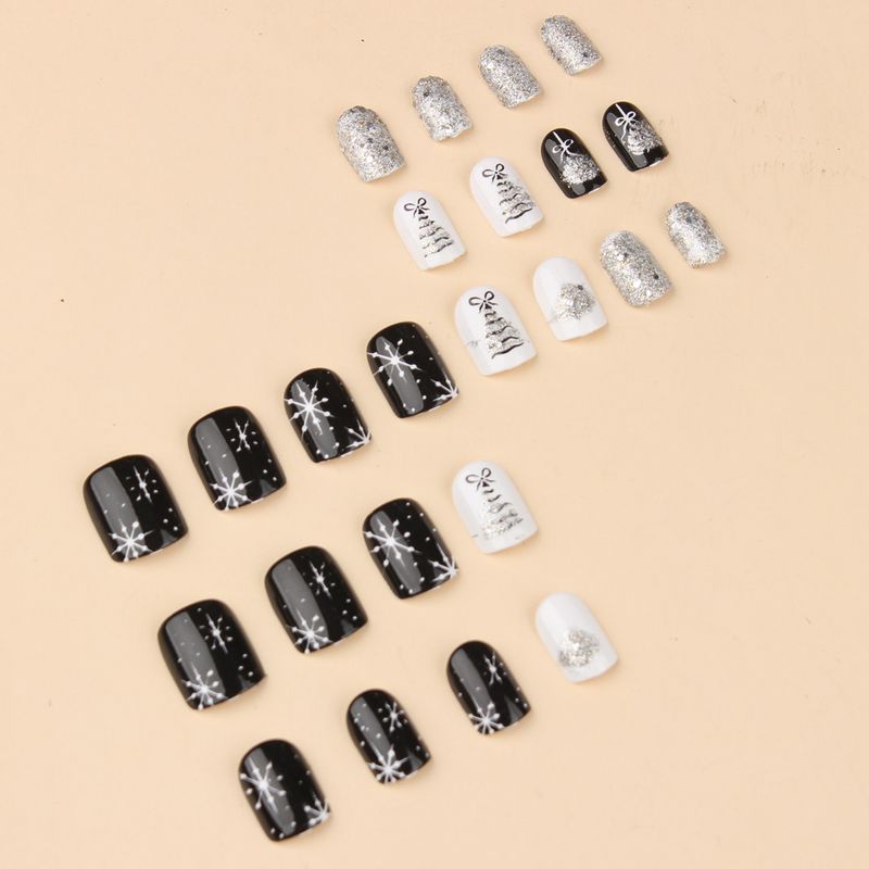 Unghie finte di alta qualità, design glitter grigio bianco e nero, quadrato corto, albero di Natale, fiocco di neve, ortensia, Natale, inverno, nail art, punte per unghie_voghion.com
