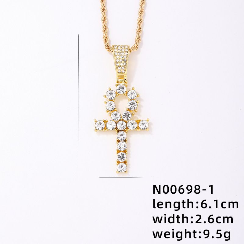 New Diamond-embedded Egyptian Anhe key pendant necklace cross hip hop diamond-embedded_voghion.com