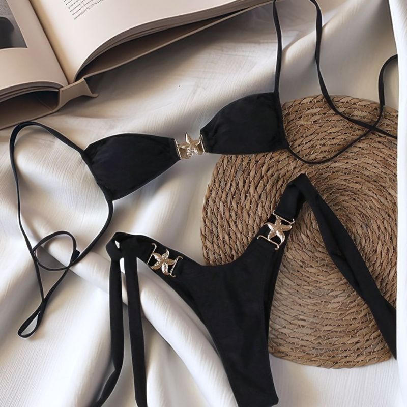 Set bikini da donna con cinturino a stella, coulisse in metallo, vita bassa, costume da bagno sexy_voghion.com