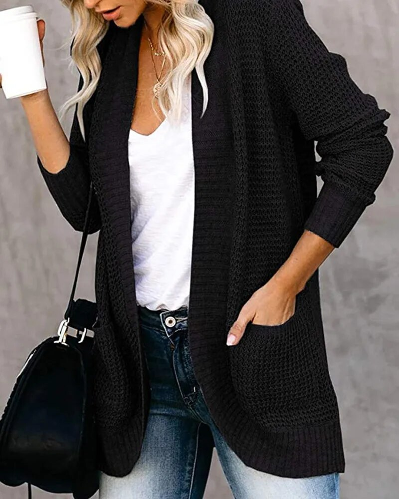 Vrouwen Gebogen Knoopsluiting Grote Zak Trui Vest V-hals Gebreid Vest Effen Open Winter Warme Truien Met Lange Mouwen_voghion.com