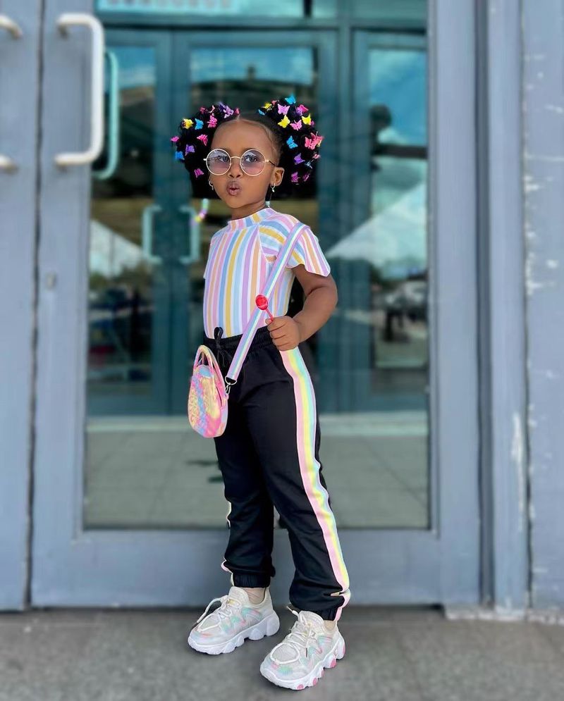 Kids Clothing T Shirt Rainbow Stripe Print Color Block Sweatpants Trousers Suit_voghion.com