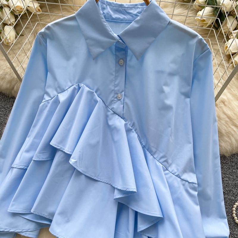 Camicia a maniche lunghe con volant irregolari e design di nicchia per abbigliamento da donna, camicetta con peplo asimmetrico, camicia casual ampia a maniche lunghe, elegante abbigliamento da ufficio_voghion.com