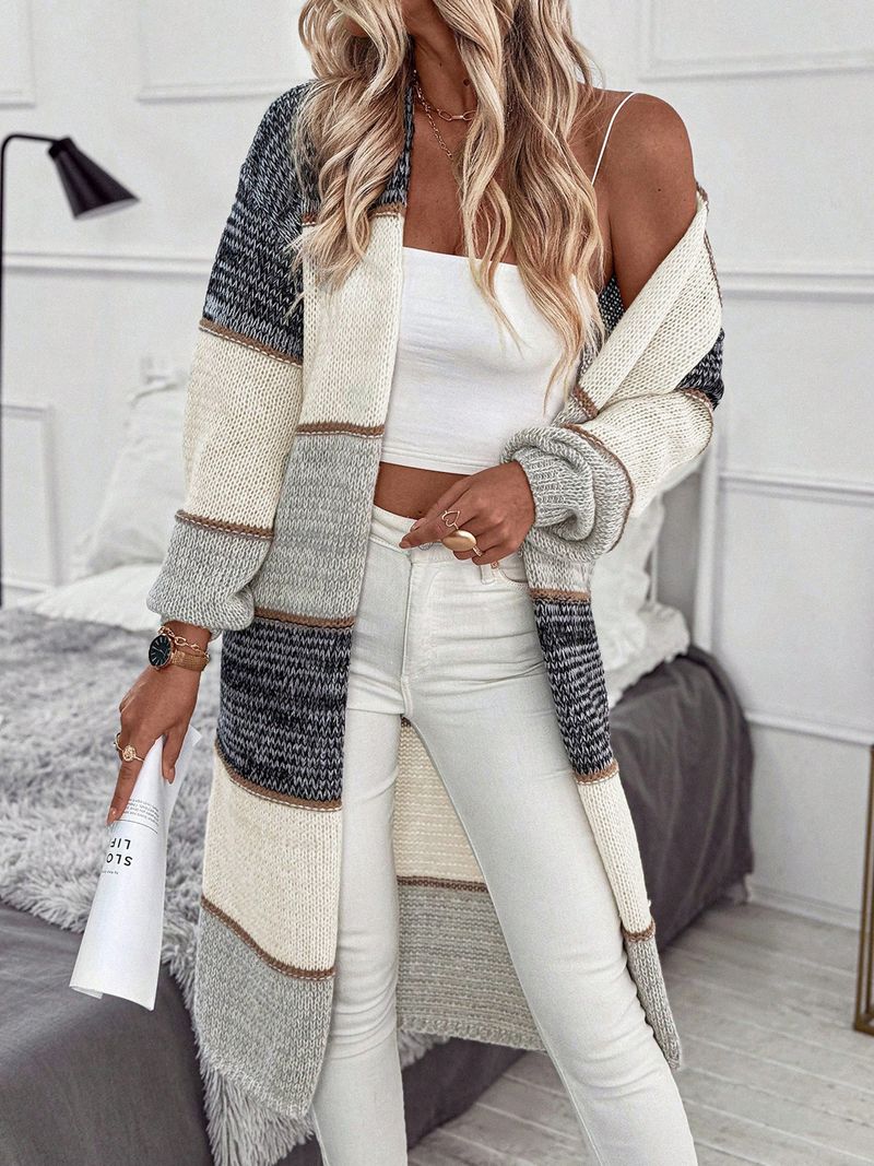 Women's Longline V-Neck Cardigan - Stripe & Color-Block Open Front Knit Sweater (Gray)_voghion.com