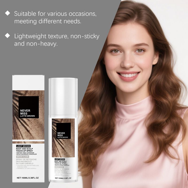 Hellbraunes, natürliches, deckendes, leicht voluminöses Haarfarbenspray_voghion.com