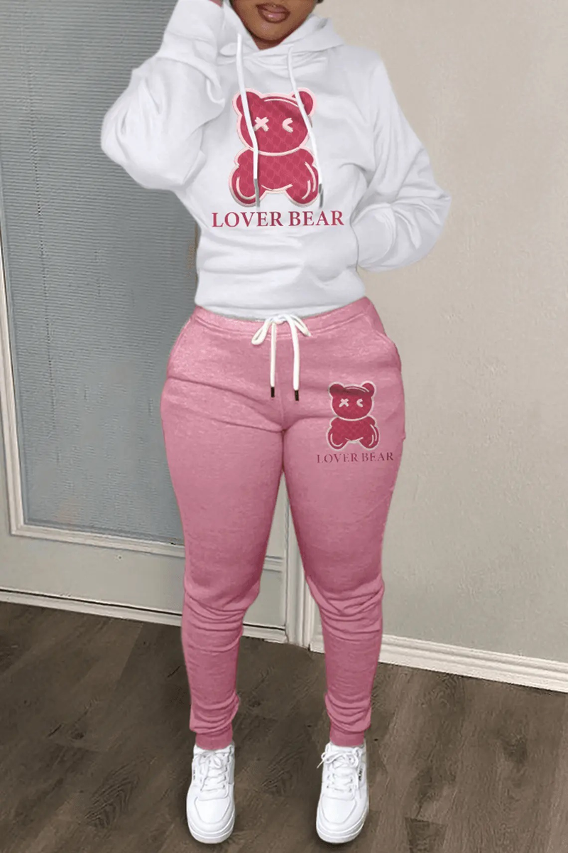Set di pantaloni della tuta stampati con testa d'orso da donna con cappuccio_voghion.com