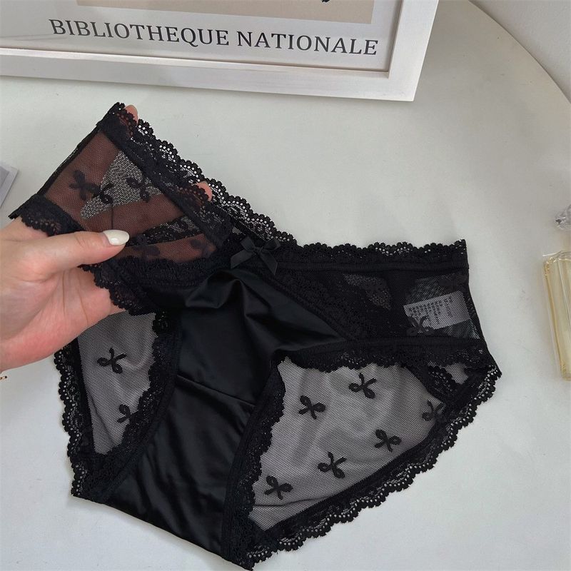 2025d Pure Desire Light Satin Bow Low Waist Sexy Lace Cotton Crotch Mesh Triangle Panties For Women_voghion.com